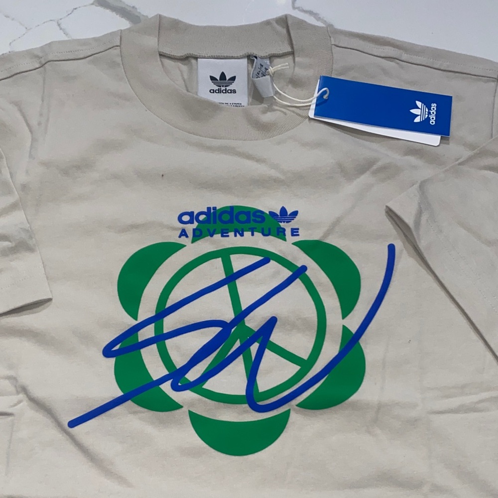 New Adidas Unisex Cream Tee with Green and Blue Design - S